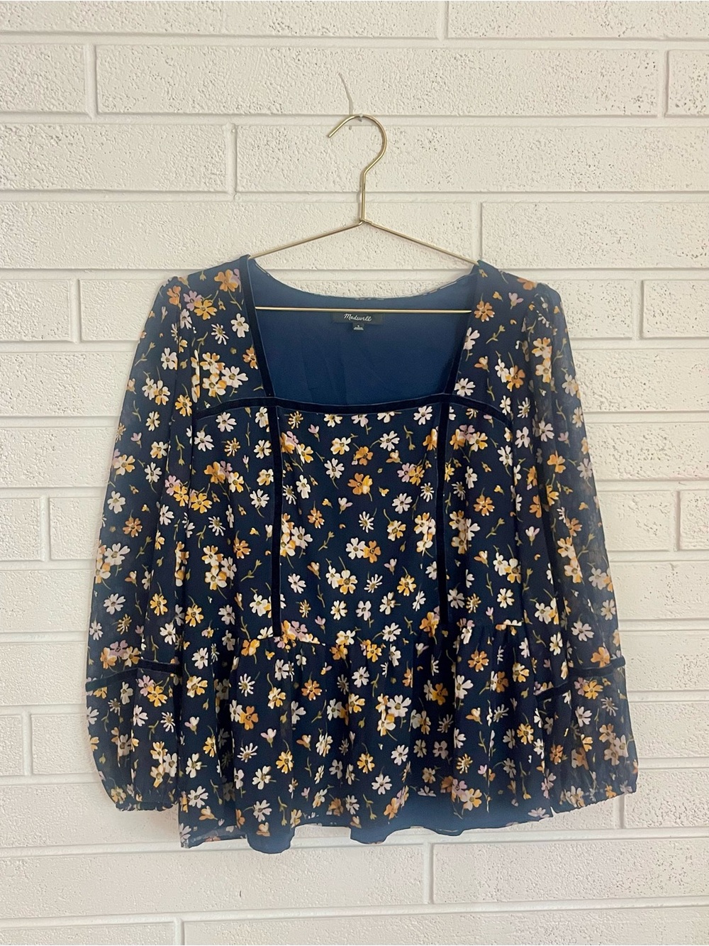 Madewell Navy Floral Peplum Square-Neck Blouse